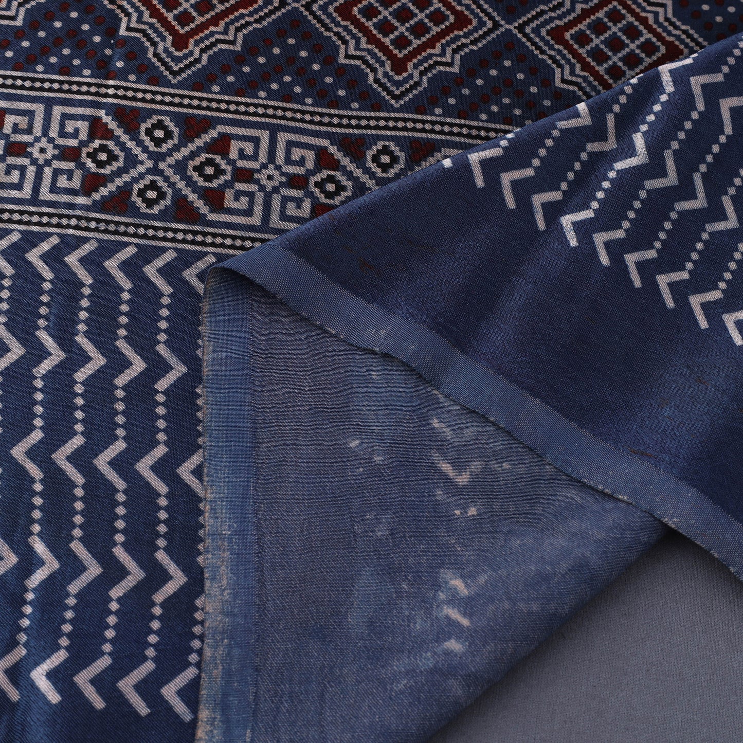 Blue Natural Dyed Mashru Silk Ajrakh Print Fabric