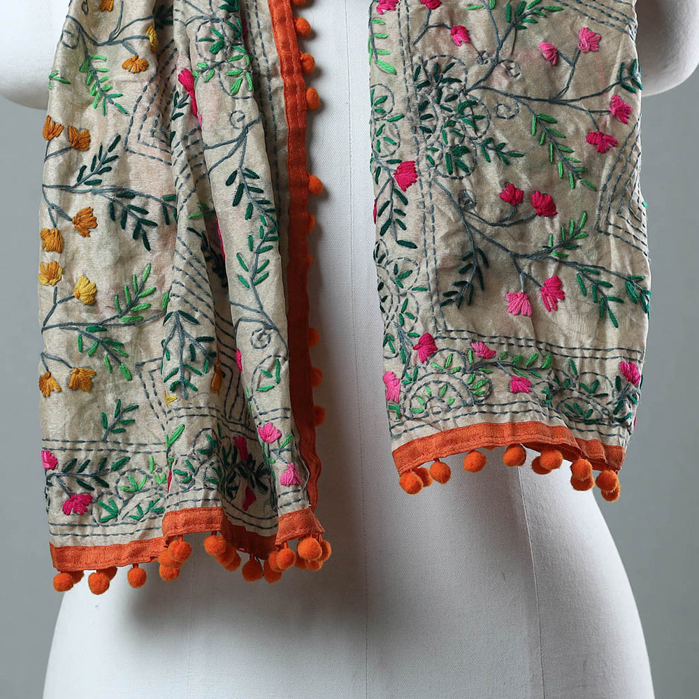 Orange - Ranihati Chanderi Silk Phulkari Embroidered Stole 104