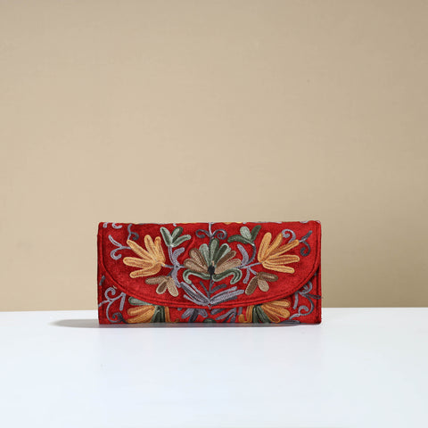 Red - Kashmiri Crewel Hand Embroidery Velvet Travel Wallet 54