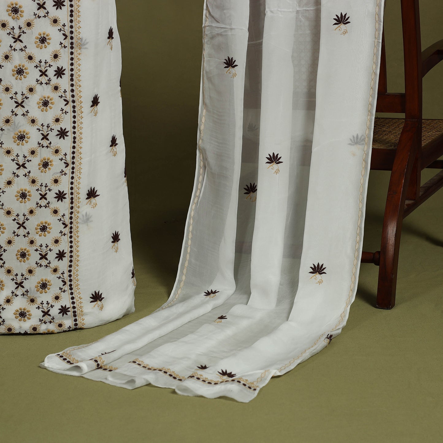 2pc White Hand Embroidery Chanderi Silk Chikankari Dress Material