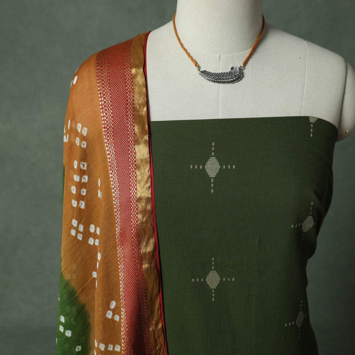 Jacquard Woven Cotton 2pc Unstitched Dress Material Kurta Set with Jewellery 24