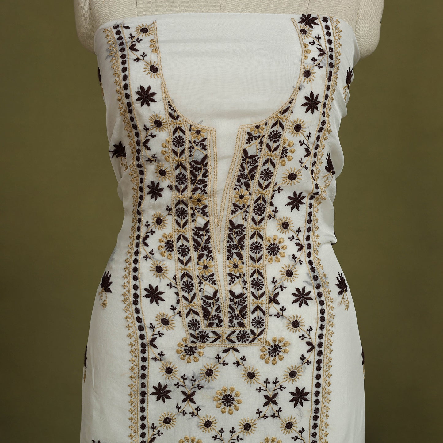 2pc White Hand Embroidery Chanderi Silk Chikankari Dress Material