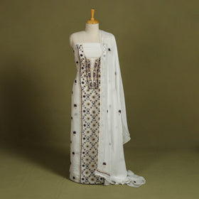 2pc White Hand Embroidery Chanderi Silk Chikankari Dress Material