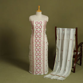 2pc White Hand Embroidery Chanderi Silk Chikankari Dress Material