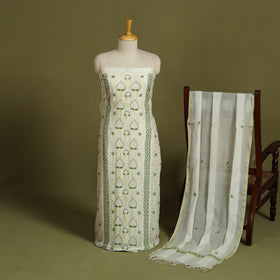 2pc White Hand Embroidery Chanderi Silk Chikankari Dress Material