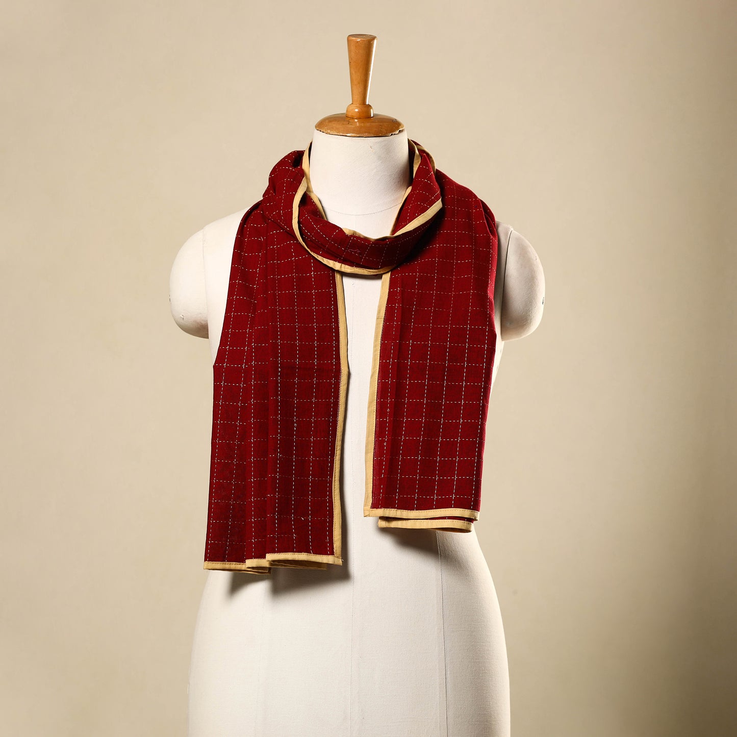Red -cotton jacquard stole 10 - handcrafted