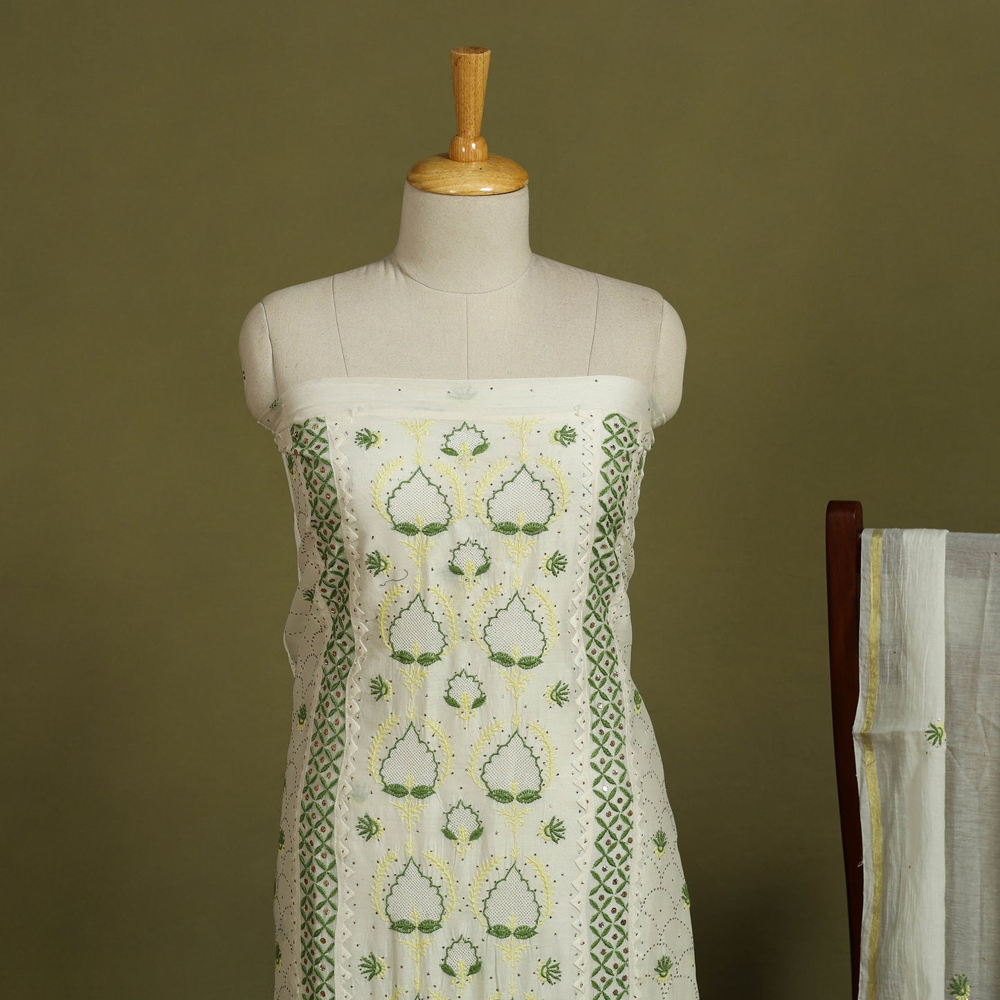 2pc White Hand Embroidery Chanderi Silk Chikankari Dress Material