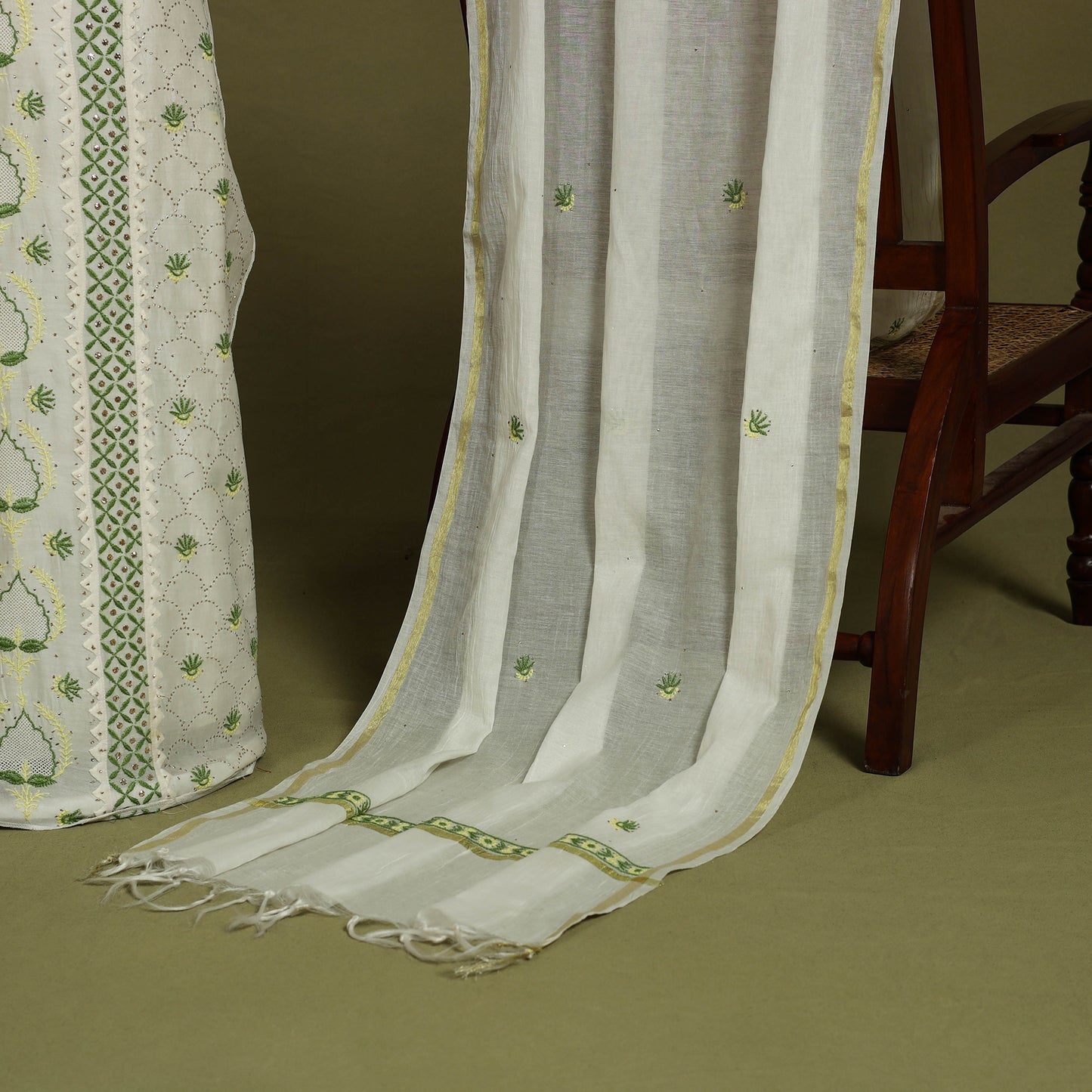 2pc White Hand Embroidery Chanderi Silk Chikankari Dress Material