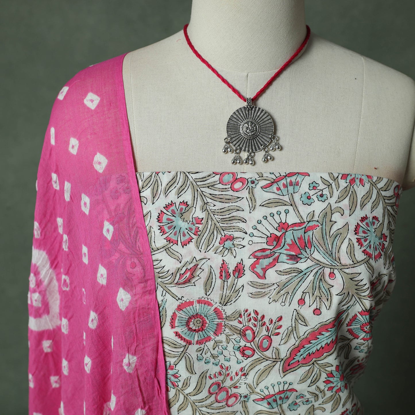Sanganeri Hand Block Print Cotton 2pc Unstitched Dress Material Kurta Set with Jewellery 28