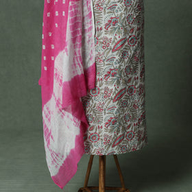 Sanganeri Hand Block Print Cotton 2pc Unstitched Dress Material Kurta Set with Jewellery 28