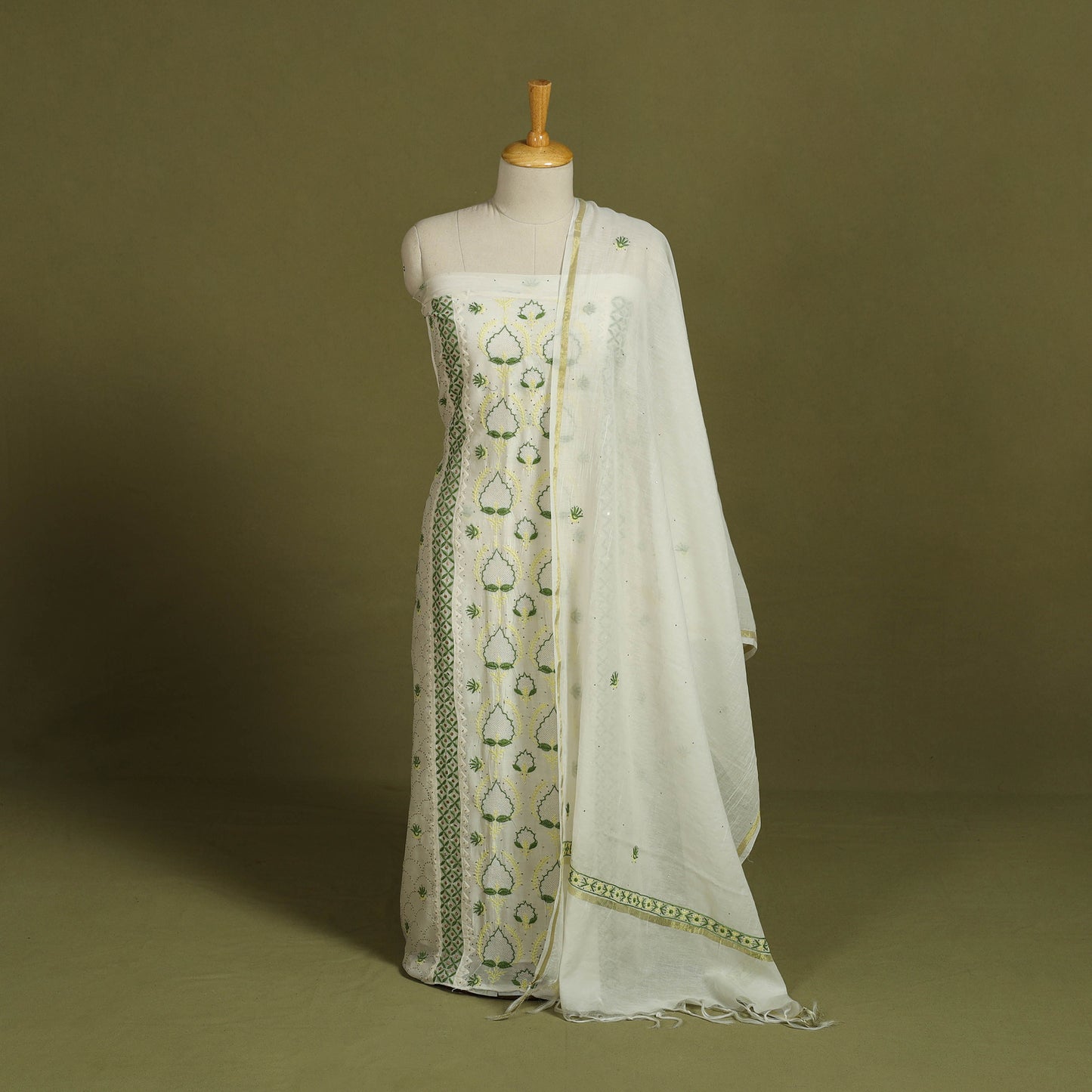 2pc White Hand Embroidery Chanderi Silk Chikankari Dress Material