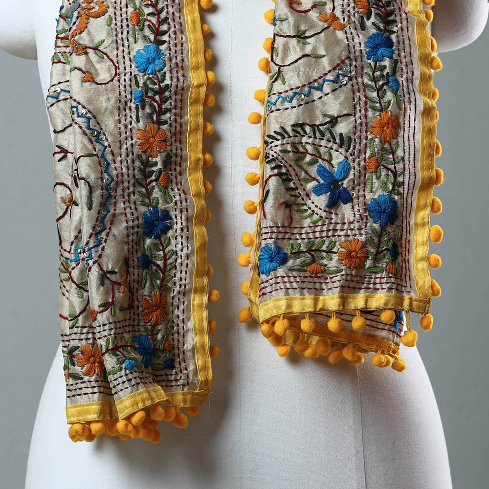 Yellow - Ranihati Chanderi Silk Phulkari Embroidered Stole 149