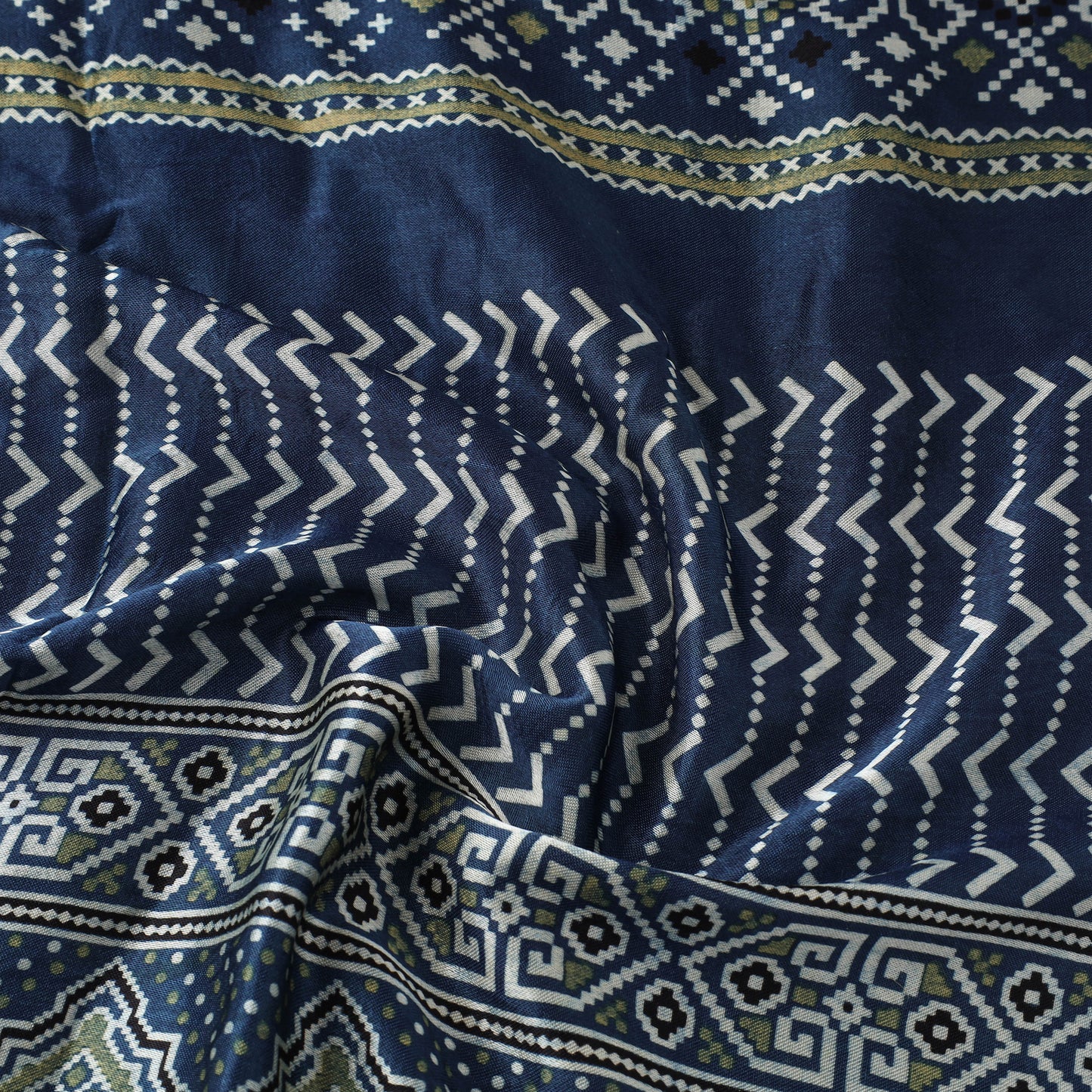 Blue Natural Dyed Mashru Silk Ajrakh Print Fabric