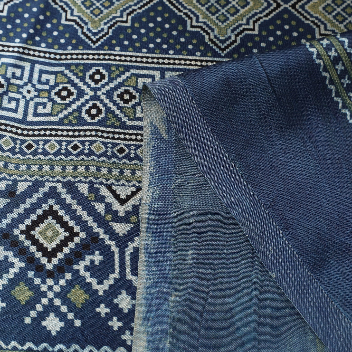 Blue Natural Dyed Mashru Silk Ajrakh Print Fabric
