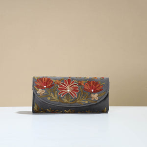 Grey - Kashmiri Crewel Hand Embroidery Velvet Travel Wallet 74