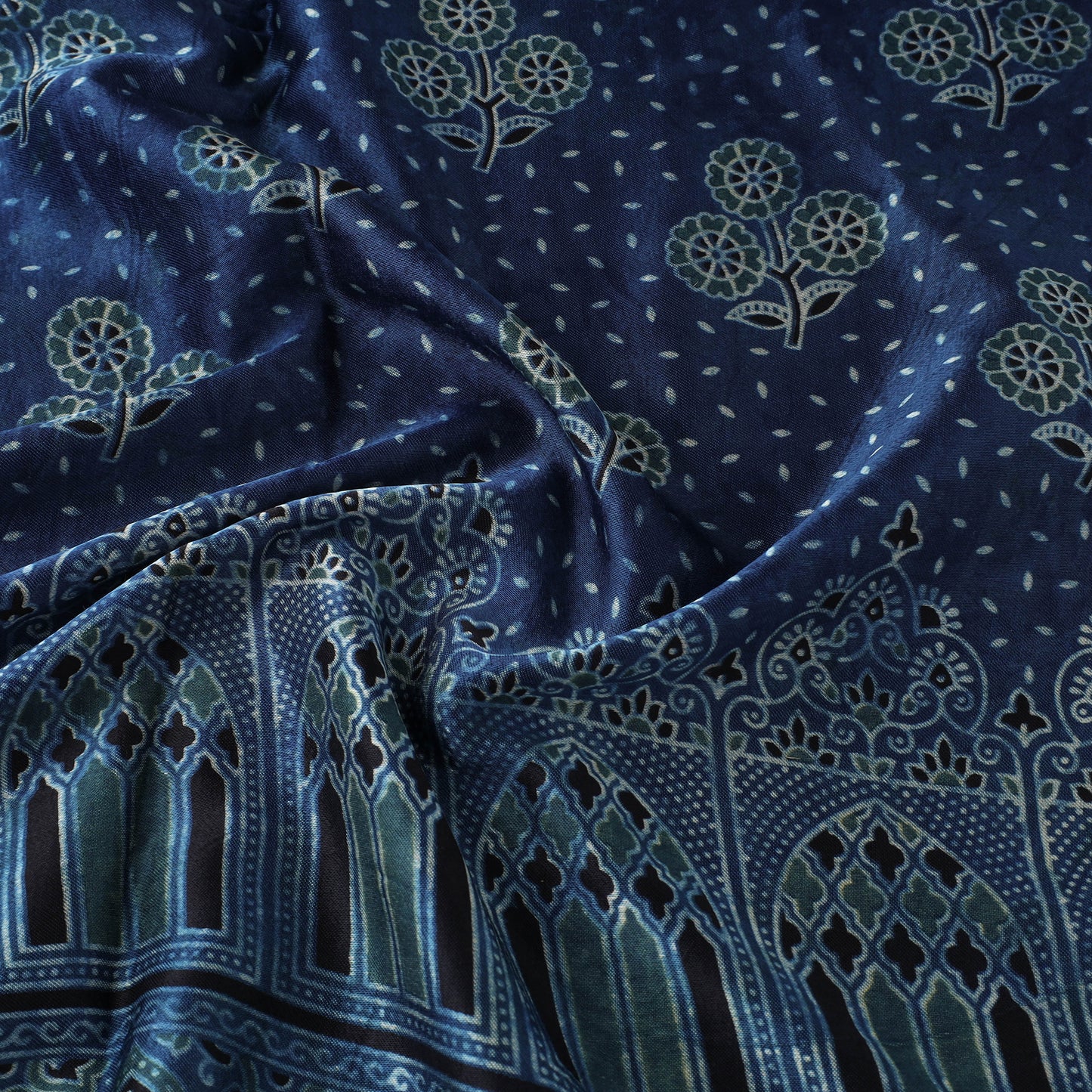 Blue - natural dyed mashru silk fabric 25 - handcrafted