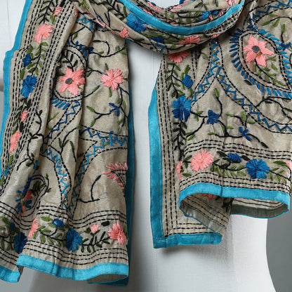 Blue - Ranihati Chapa Work Phulkari Embroidery Chanderi Silk Stole 09