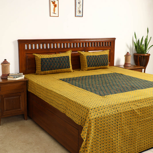 Yellow - Ajrakh Block Printed Patchwork Cotton Double Bed Cover with Pillow Covers (108 x 90 In)