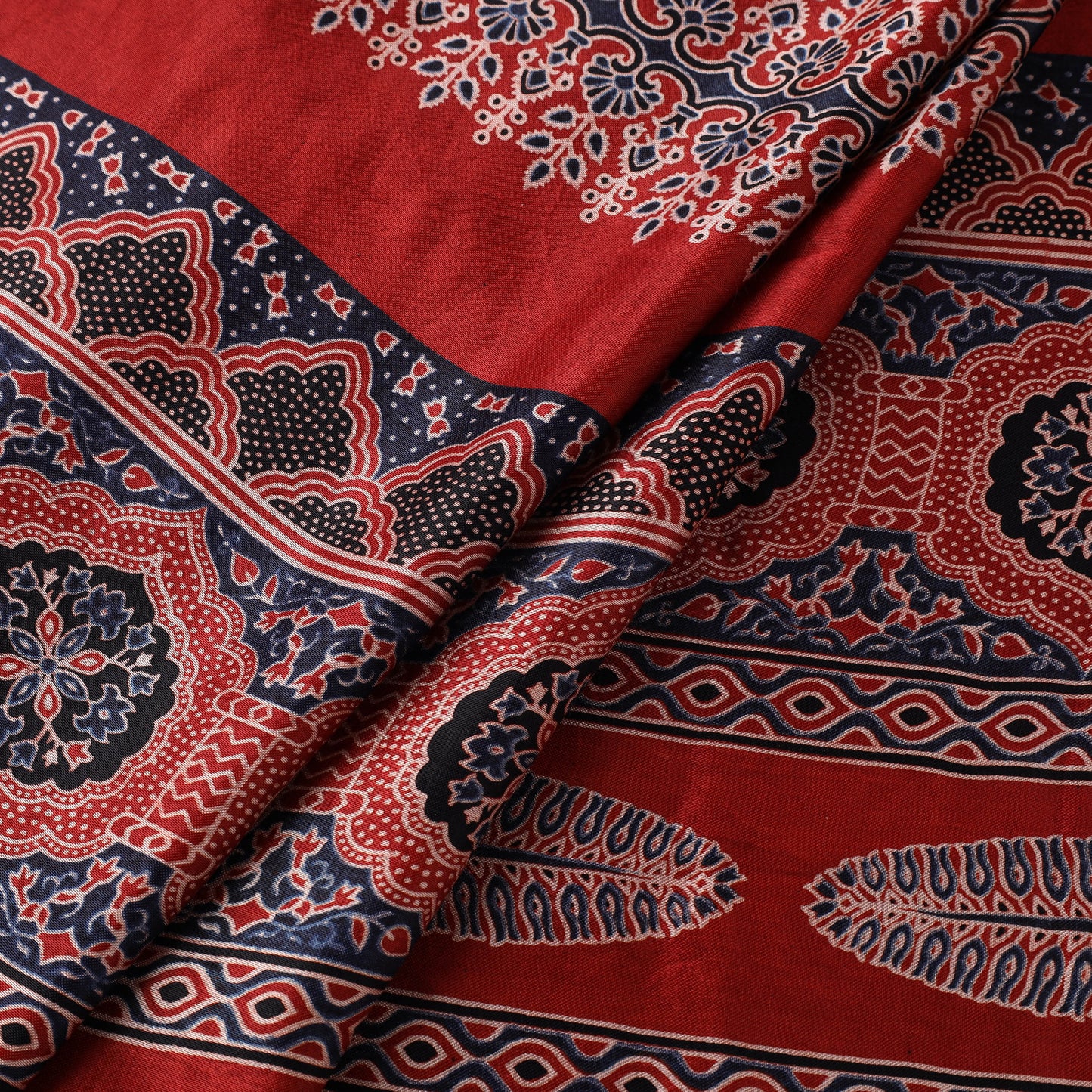 Red Natural Dyed Mashru Silk Ajrakh Print Fabric