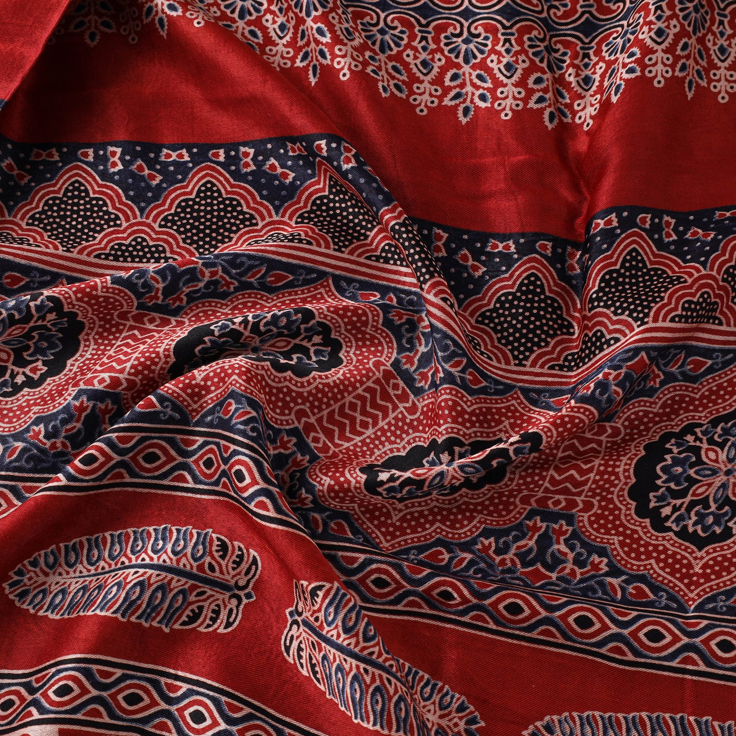 Red Natural Dyed Mashru Silk Ajrakh Print Fabric