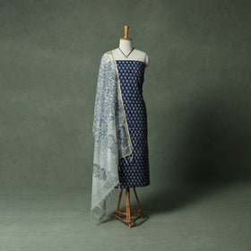 Sanganeri Hand Block Print 2pc Cotton Unstitched Dress Material Kurta Set with Jewellery 03