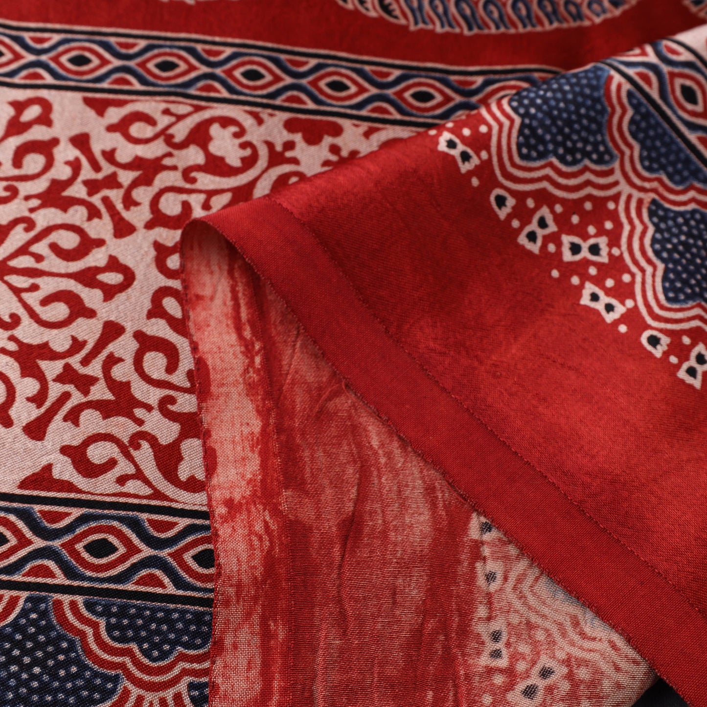 Red Natural Dyed Mashru Silk Ajrakh Print Fabric