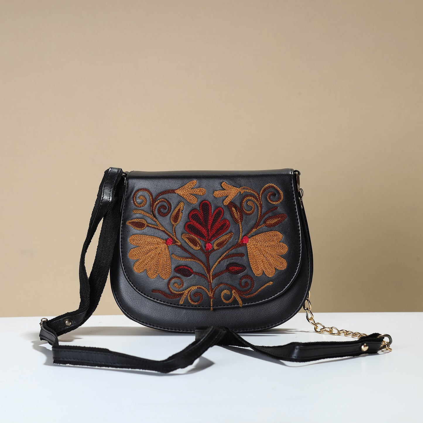 Crewel Embroidery Leather Sling Bag