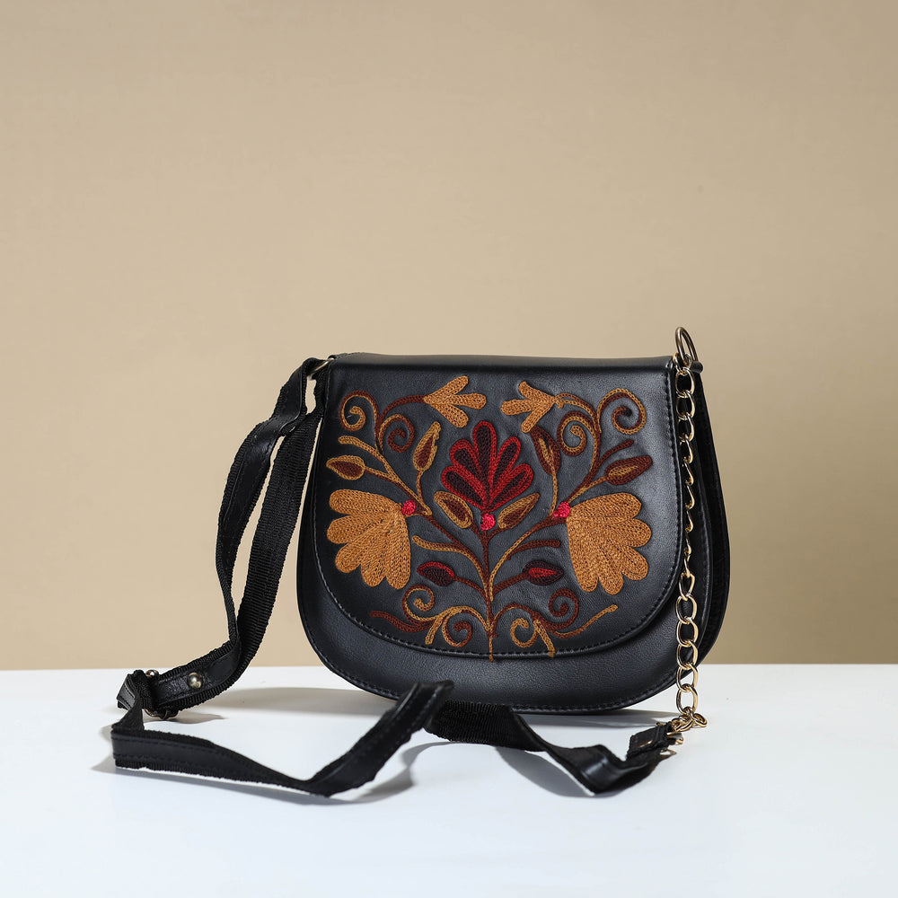 Crewel Embroidery Leather Sling Bag