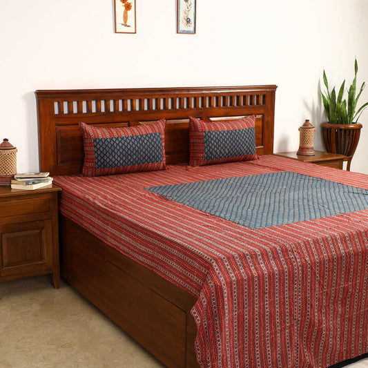 Red - Ajrakh Block Printed Patchwork Cotton Double Bed Cover with Pillow Covers (108 x 90 In)