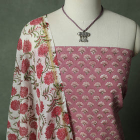 Sanganeri Hand Block Print 2pc Cotton Unstitched Dress Material Kurta Set with Jewellery 04