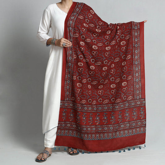 Red - Ajrakh Hand Block Printed Cotton Dupatta with Tassels