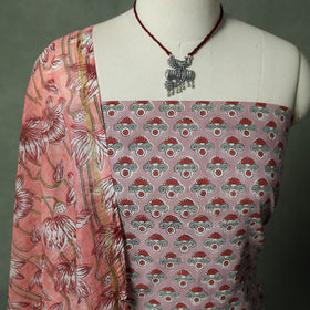 Sanganeri Hand Block Print 2pc Cotton Unstitched Dress Material Kurta Set with Jewellery 05