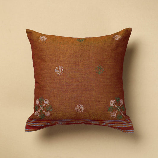 Brown - Gavanti Kasuti Embroidery Cotton Cushion Cover (16 x 16 in)