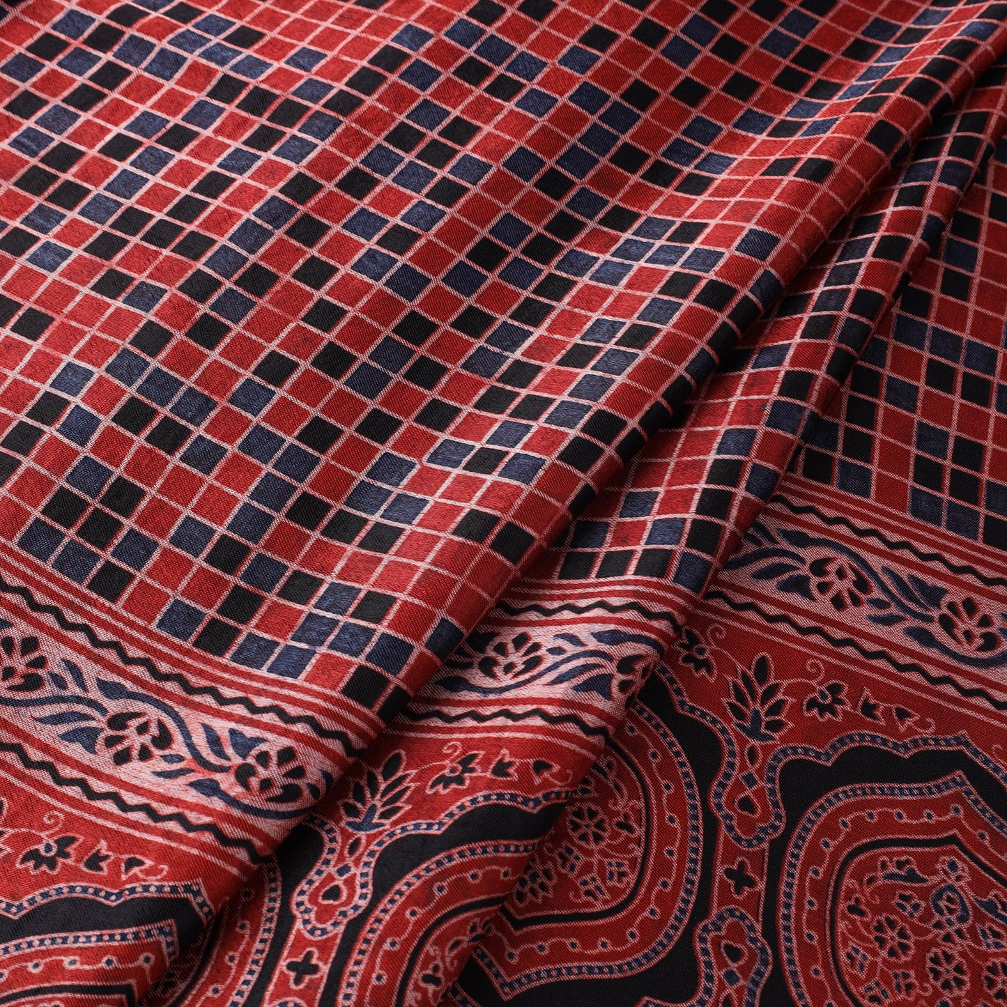 Red Natural Dyed Mashru Silk Ajrakh Print Fabric
