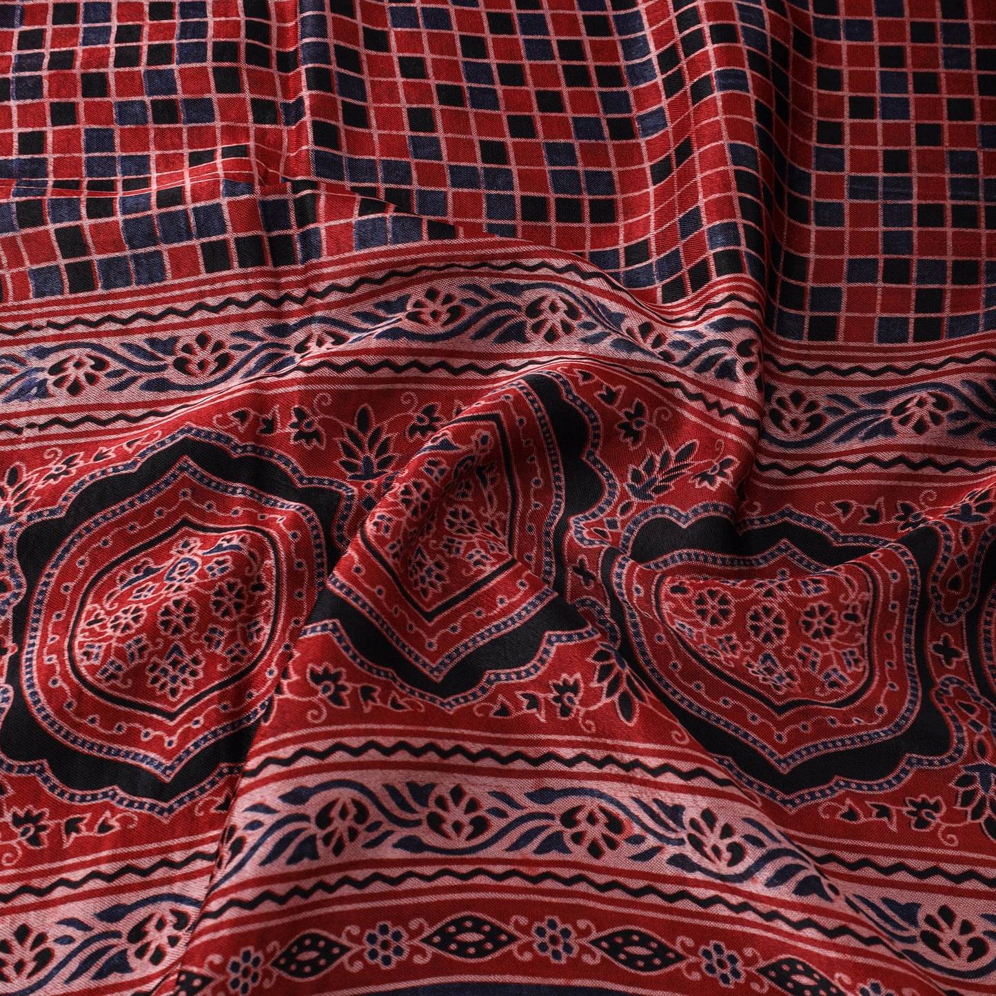 Red Natural Dyed Mashru Silk Ajrakh Print Fabric