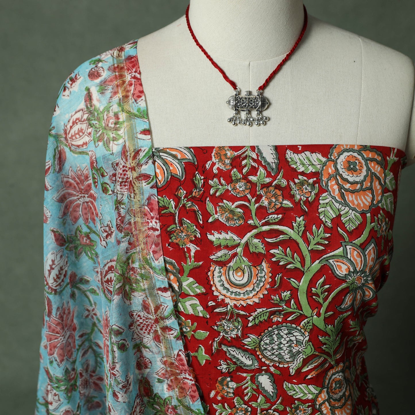 Sanganeri Hand Block Print 2pc Cotton Unstitched Dress Material Kurta Set with Jewellery 06