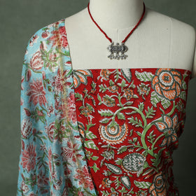 Sanganeri Hand Block Print 2pc Cotton Unstitched Dress Material Kurta Set with Jewellery 06