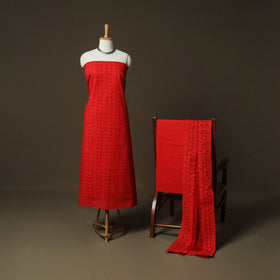 Red - Barmer Applique Cutwork Cotton 3pc Unstitched Dress Material Suit Set 01