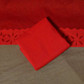 Red - Barmer Applique Cutwork Cotton 3pc Unstitched Dress Material Suit Set 01