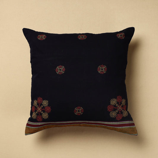 Black - Gavanti Kasuti Hand Embroidery Cotton Cushion Cover (16 x 16 in)