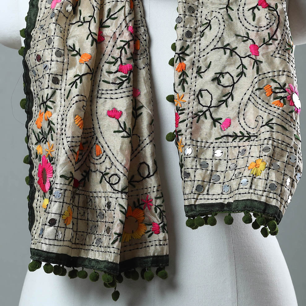 Green - Ranihati Chanderi Silk Phulkari Embroidered Stole 190