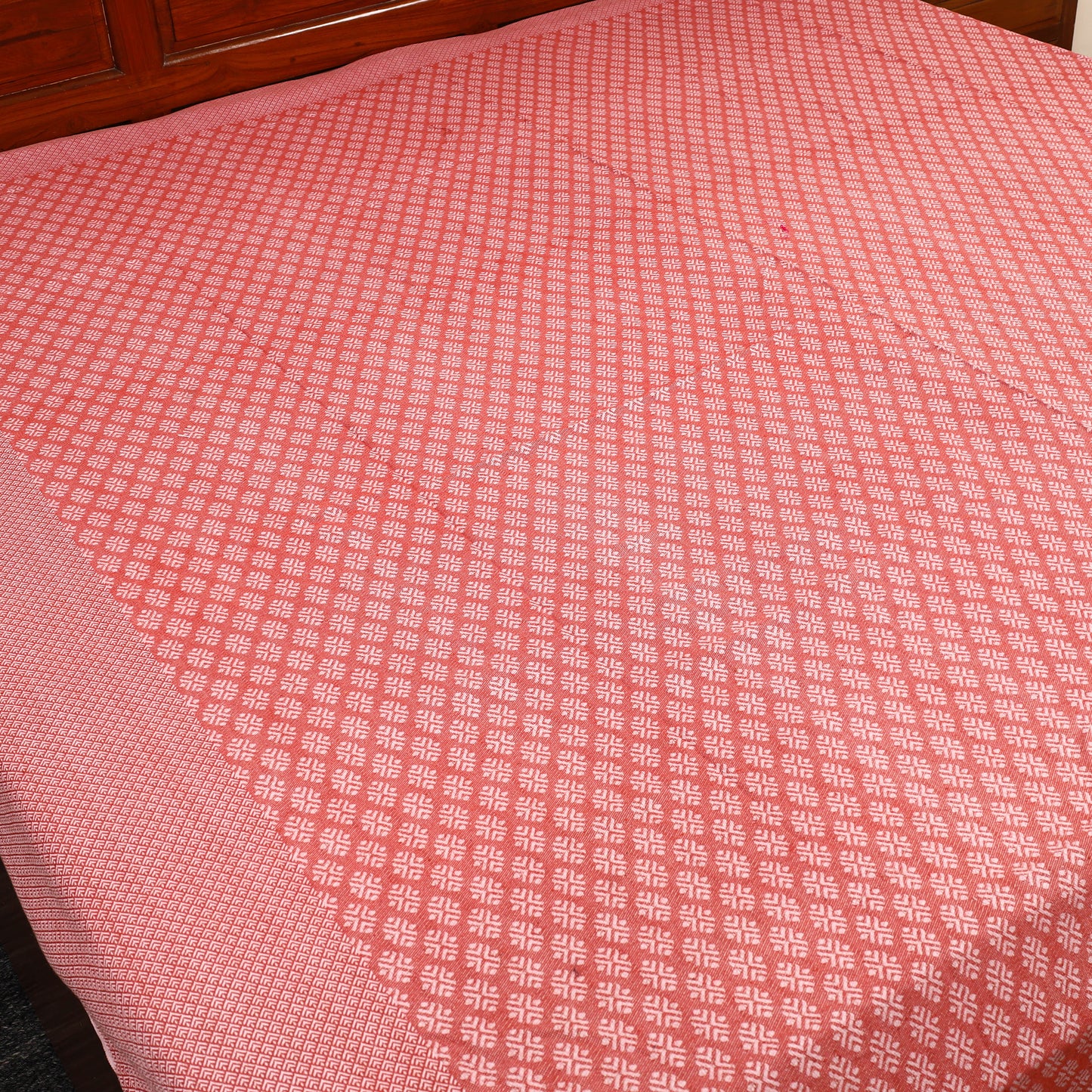 Peach - Pure Handloom Cotton Double Bed Cover from Bijnor 45