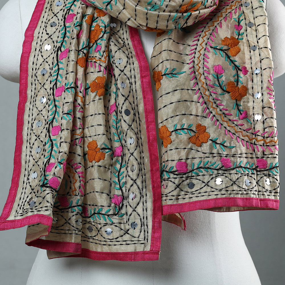 Pink - Ranihati Chapa Work Phulkari Embroidery Chanderi Silk Stole 38