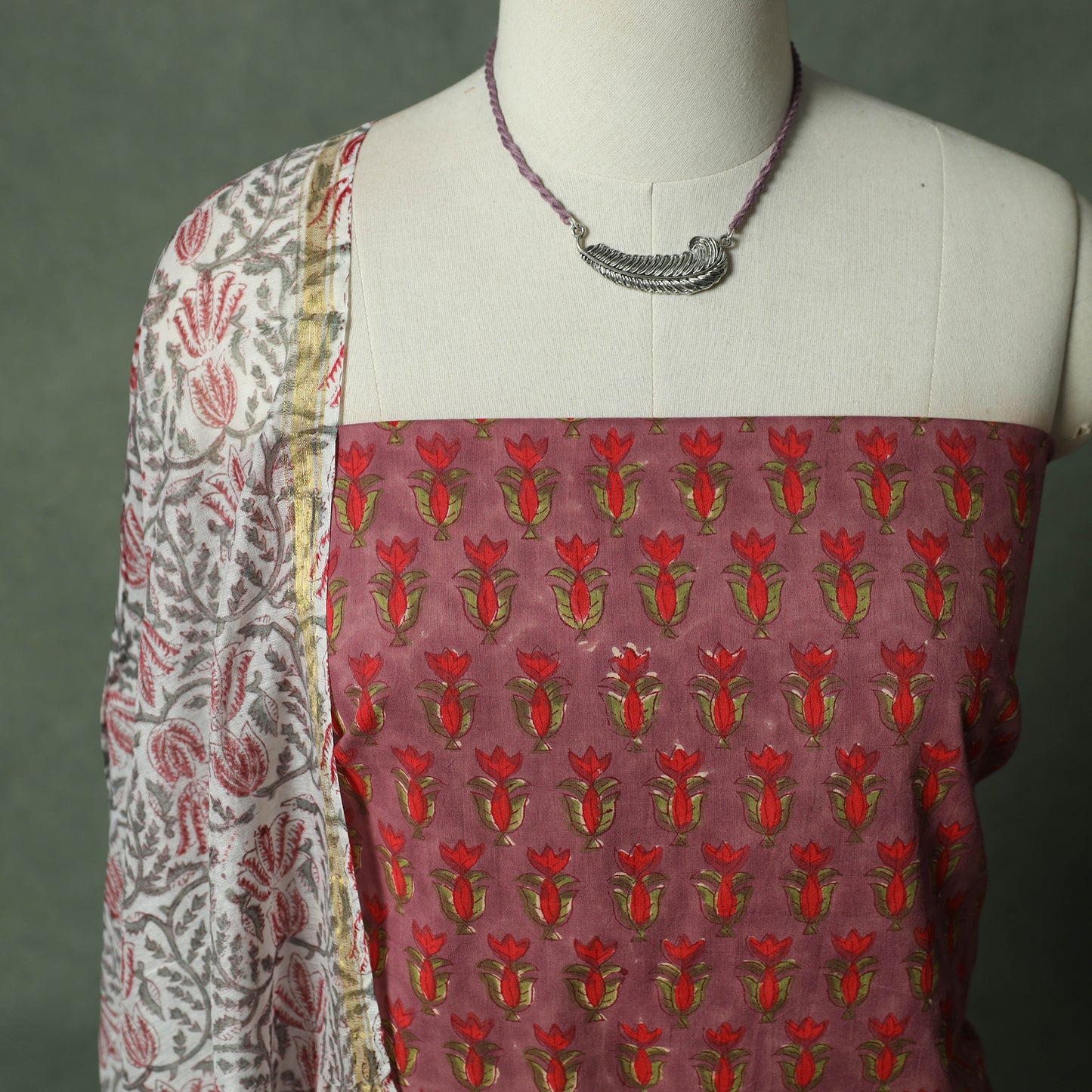 Sanganeri Hand Block Print 2pc Cotton Unstitched Dress Material Kurta Set with Jewellery 07