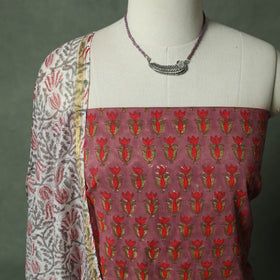 Sanganeri Hand Block Print 2pc Cotton Unstitched Dress Material Kurta Set with Jewellery 07