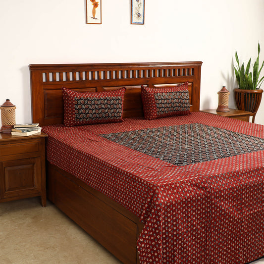 Red - Ajrakh Block Printed Patchwork Cotton Double Bed Cover with Pillow Covers (108 x 90 In)