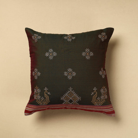 Green - Gavanti Kasuti Embroidery Cotton Cushion Cover (16 x 16 in)