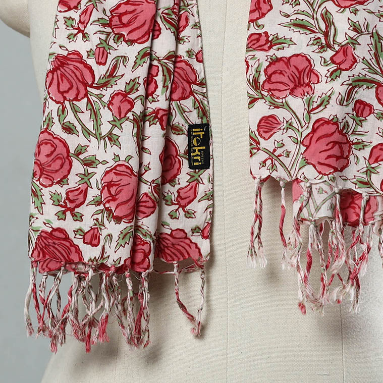 Pink - Sanganeri Block Print Cotton Stole with Tassels 18