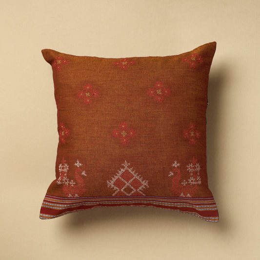 Orange - Gavanti Kasuti Embroidery Cotton Cushion Cover (16 x 16 in)