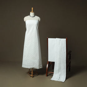 White - Barmer Applique Cutwork Cotton 3pc Unstitched Dress Material Suit Set 03